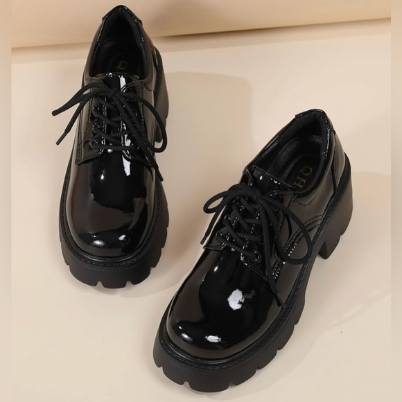 QHH Shoes - Women’s  Platform Oxford Lace-Up Chunky Heels - Black Size 9.5